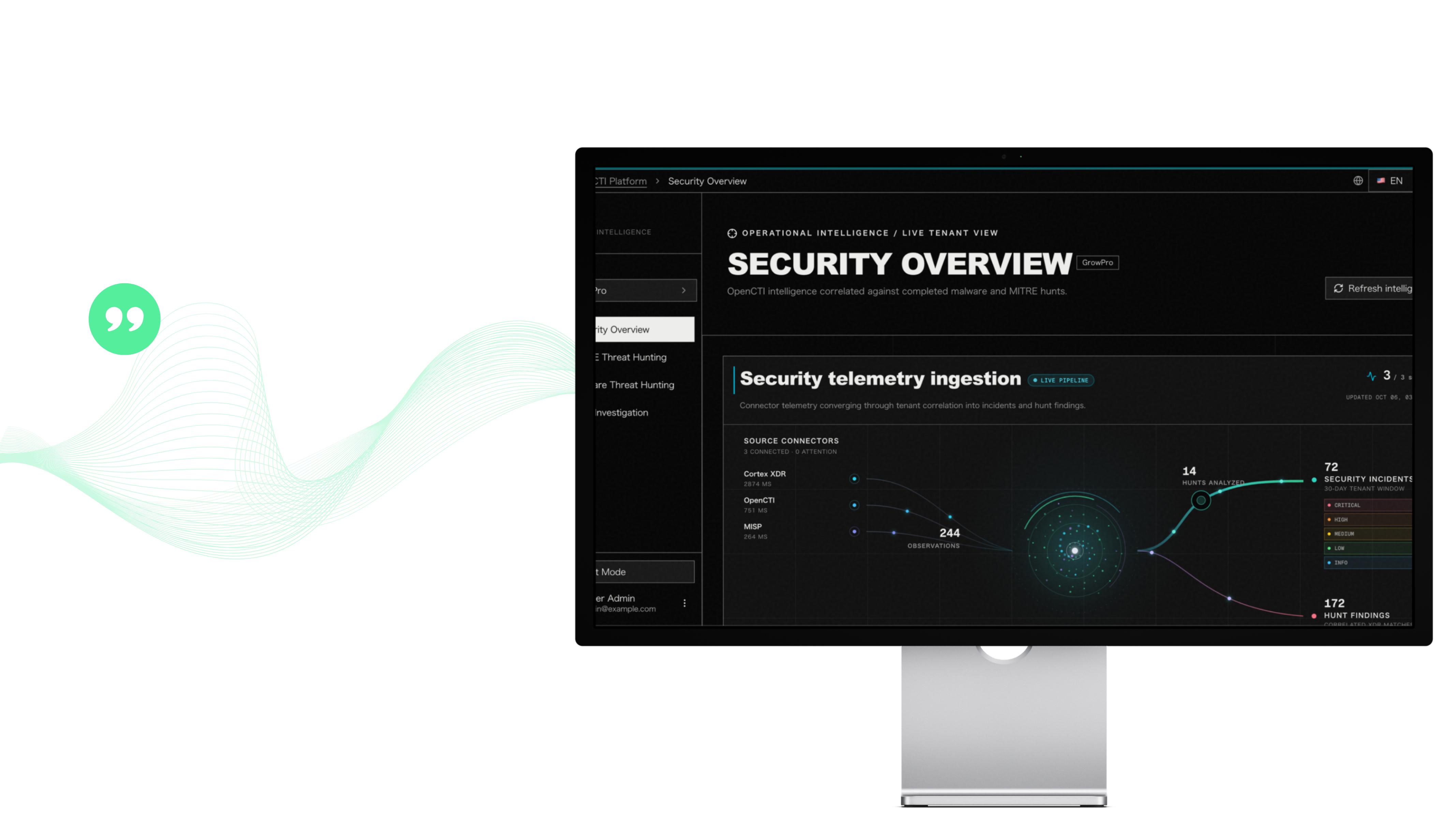 CSOC Center CTI Security Overview shown on a monitor, with a green quote icon and flowing lines.