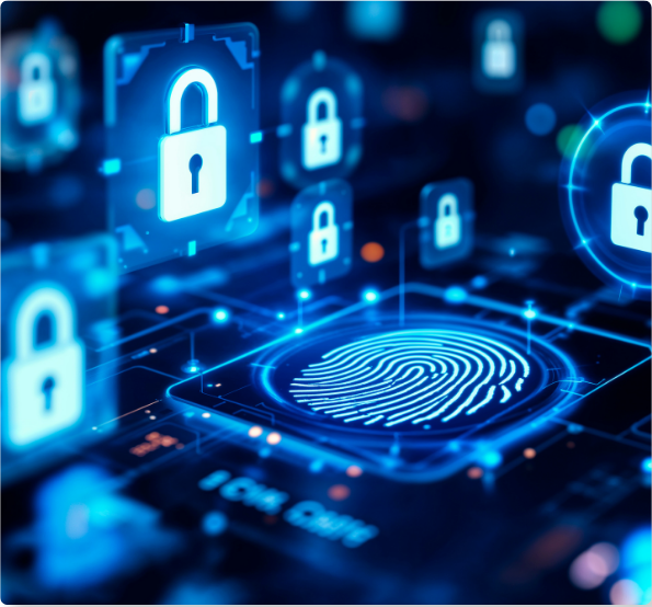 Blue security locks and fingerprint representing threat intelligence and investigation